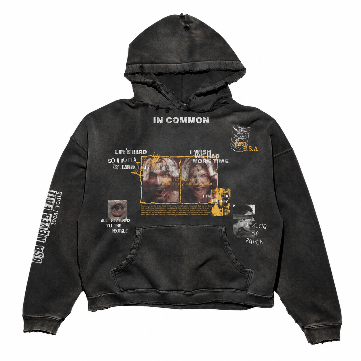 IN COMMON Collection 001 distressed hoodie in washed black and charcoal